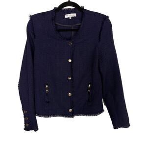 One Third S Navy Blue Tweed Fringe Trim Blazer Jacket 01 Zip Front Collarless